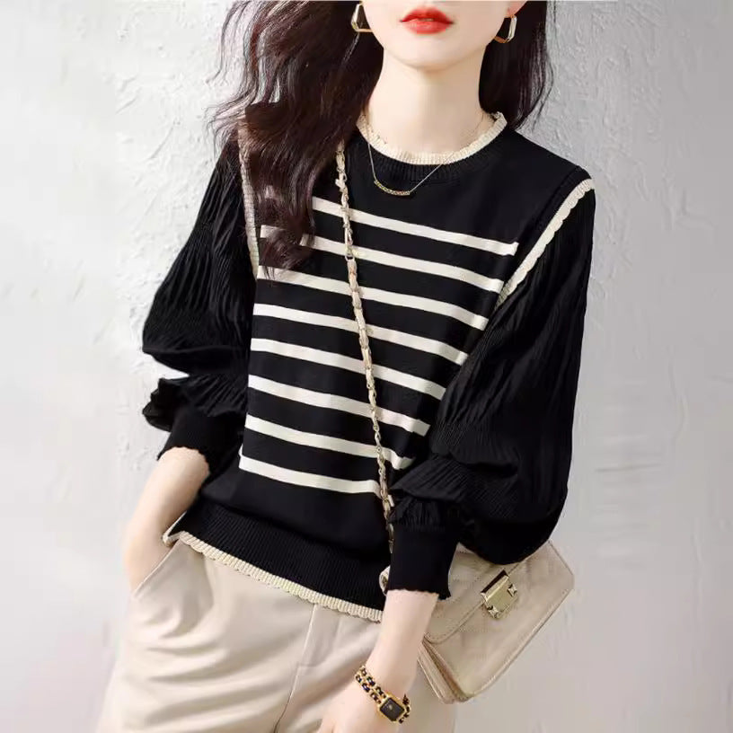 Patchwork Lace Collar Knitted Striped Lantern Sleeve Top