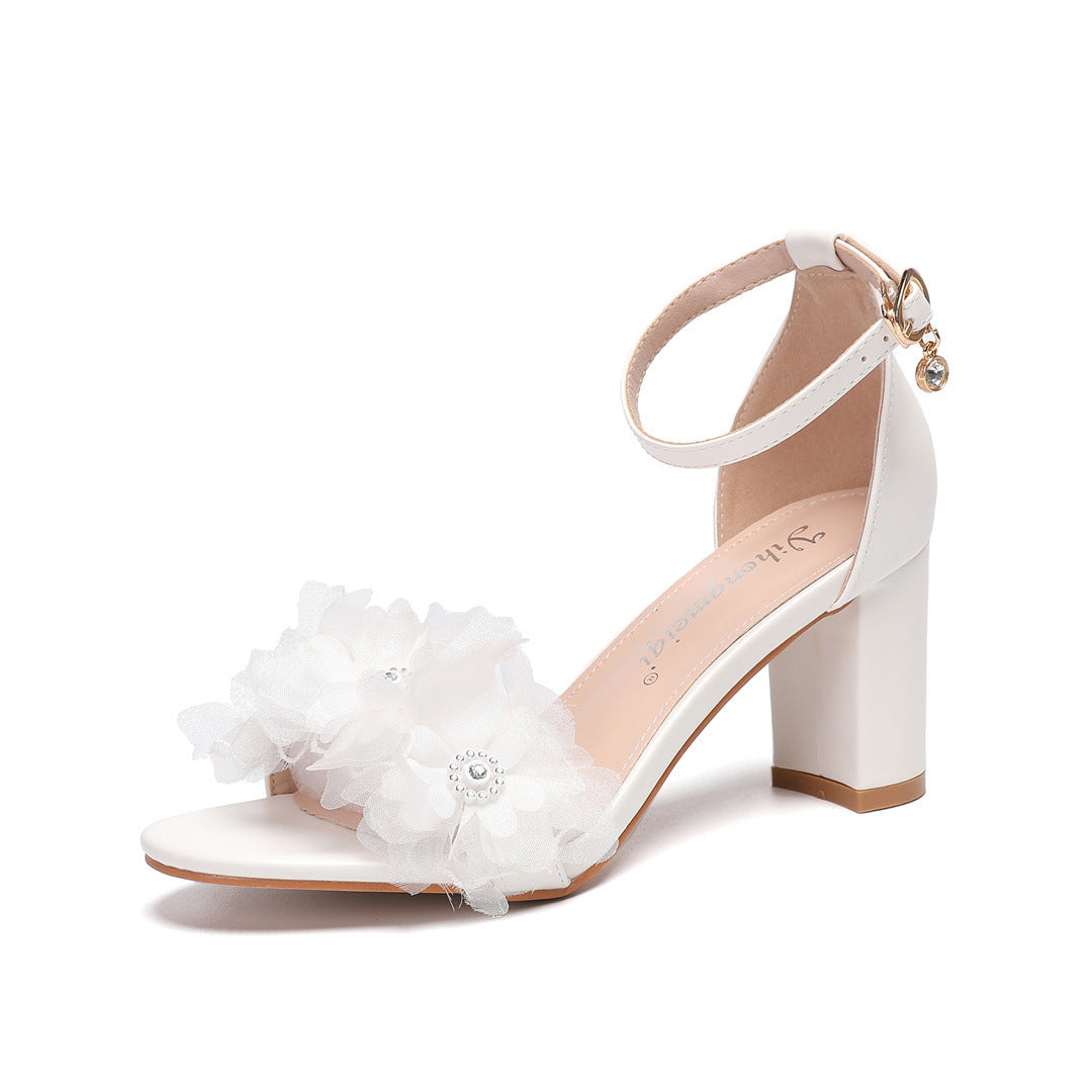 One Strap New Peep Toe High Heels Chunky Heel Low-cut Rhinestone