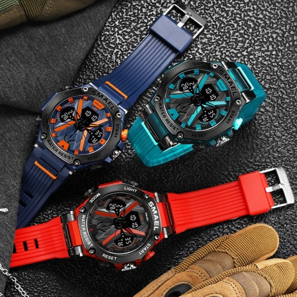 Multifunctional Digital Double Display Waterproof Alloy Sports Men Quartz Watch