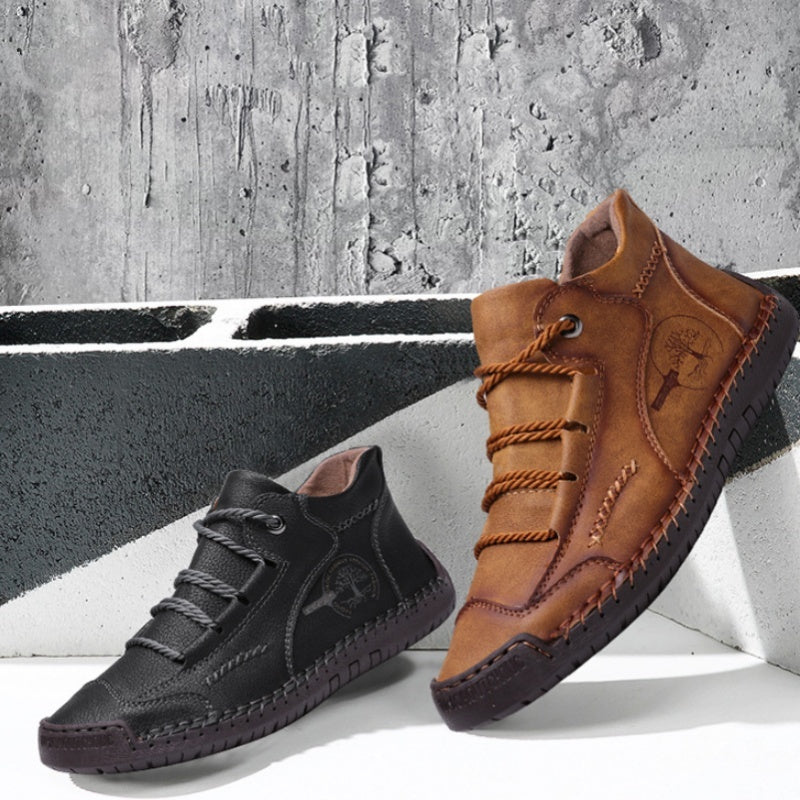 Men's Autumn Sewing High-top Leather Flat Outdoor Work Clothes Casual Shoes