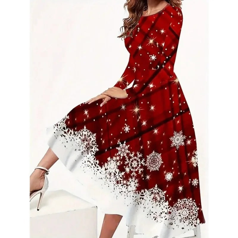 Round-neck Casual Christmas Pattern Long-sleeve Dress