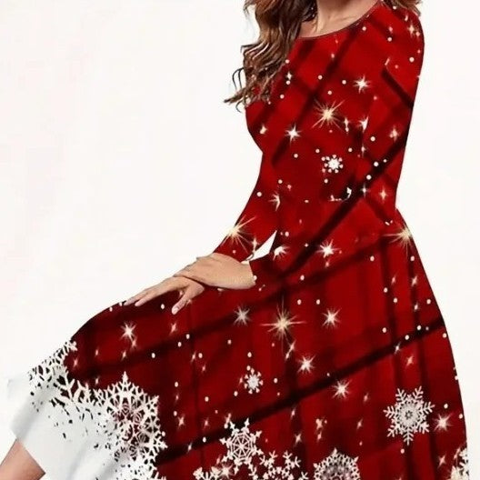 Round-neck Casual Christmas Pattern Long-sleeve Dress