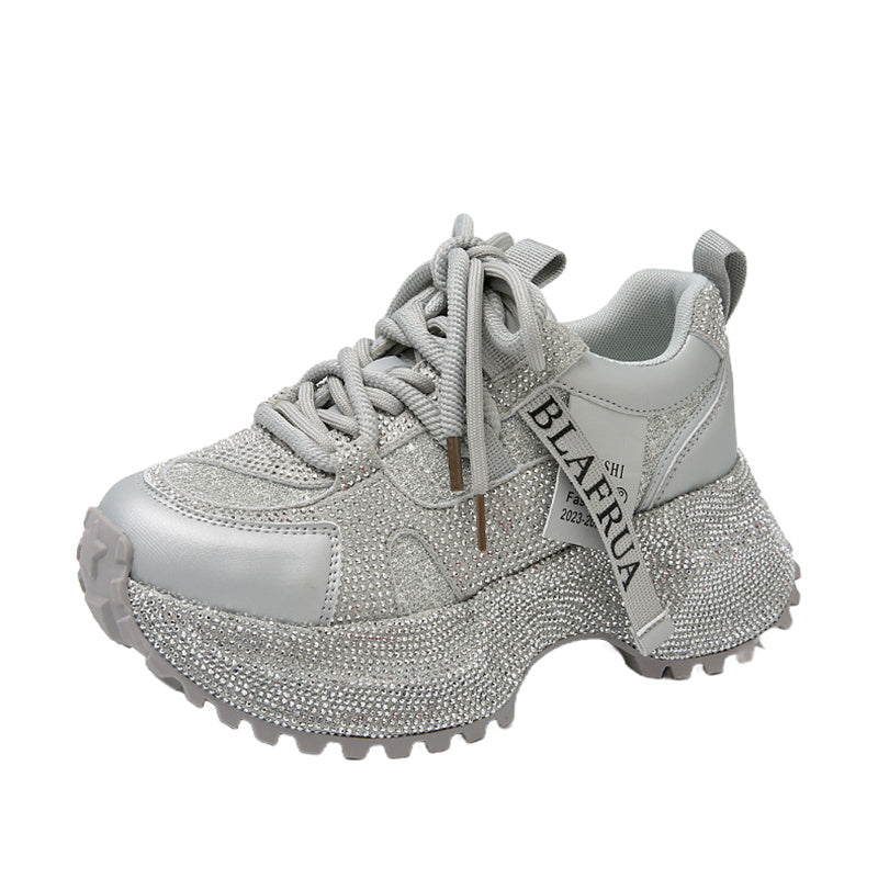 Shiny Sequin Women's High-top Sneakers With Thick Soles, Lace-up Fashion Shoes Featuring Silver And Red Rhinestone Design