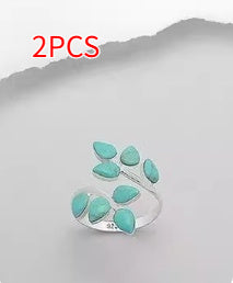 Silver Green Stone Bubble Eight Leaf Green Agate Ring For Men And Women