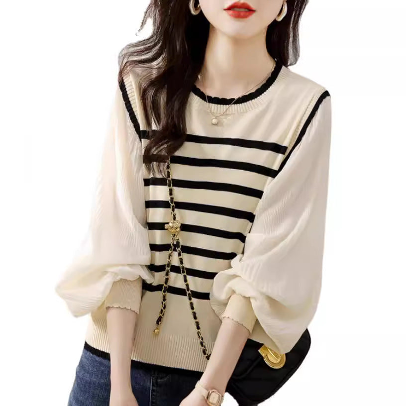 Patchwork Lace Collar Knitted Striped Lantern Sleeve Top