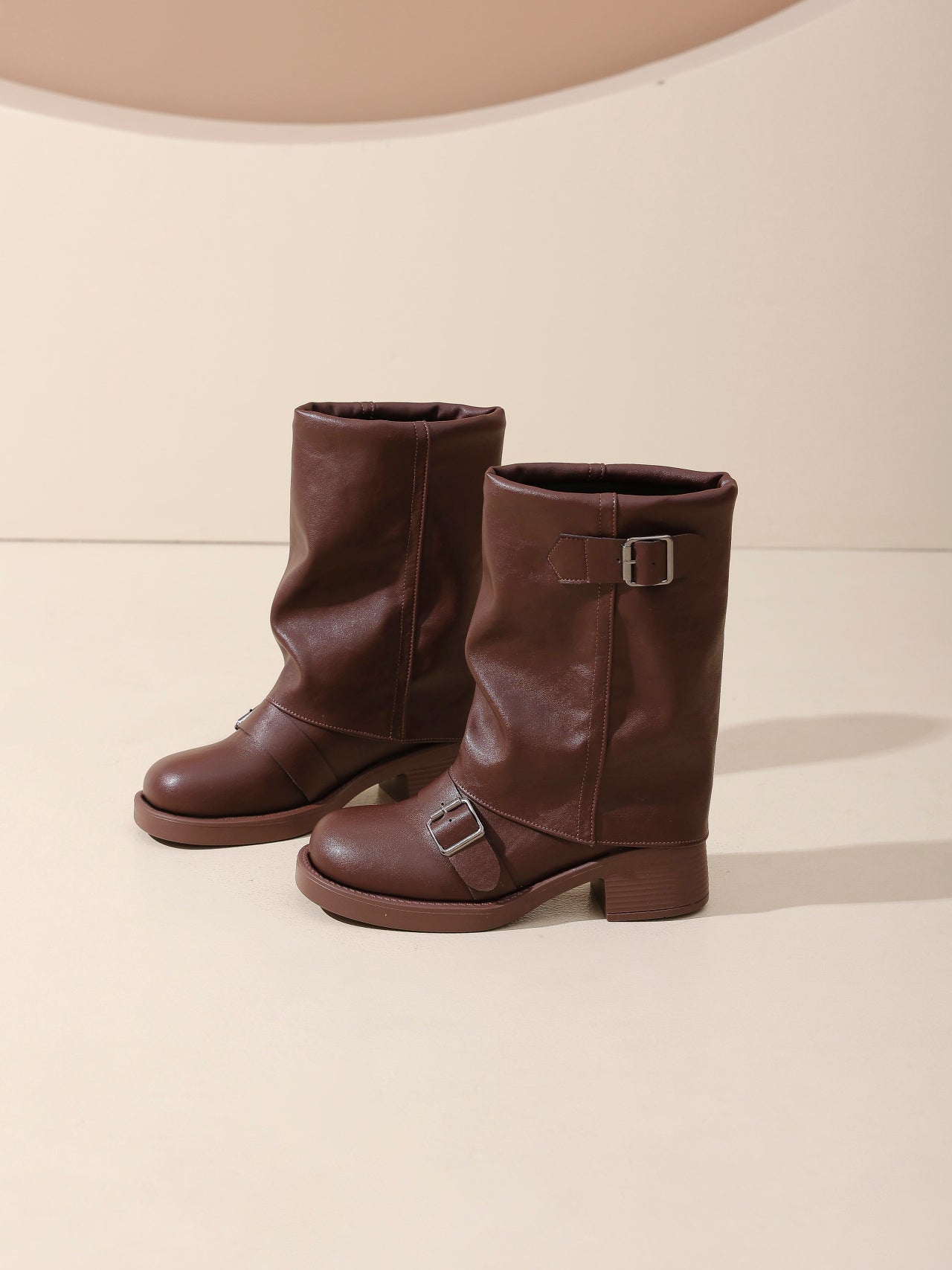 Vintage Style Chunky Heel Leather Boots For Women, Fashion Mid-Calf Boots With Buckle Accents For Comfort And Style