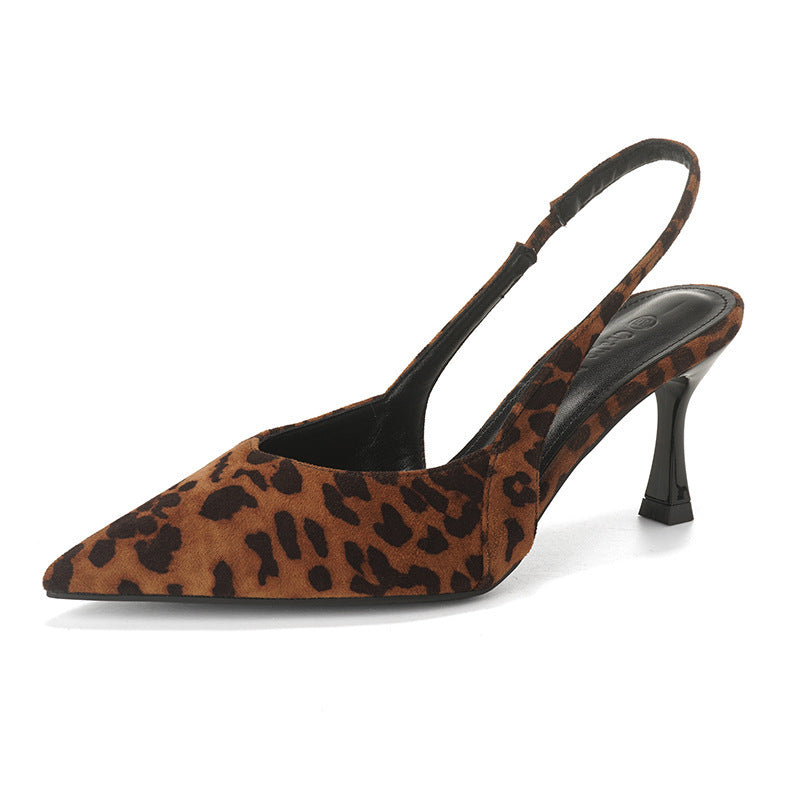 Niche Leopard Print High Heel Sandals Women Suede Closed Toe Pointed Toe Slingback High Heel Sandals