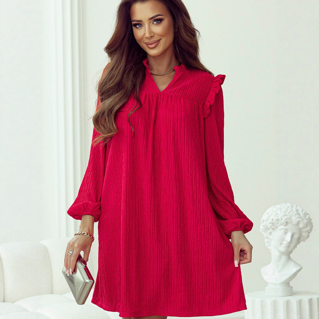 European And American Fashion Ruffled V-neck Long Sleeve Dress For Women