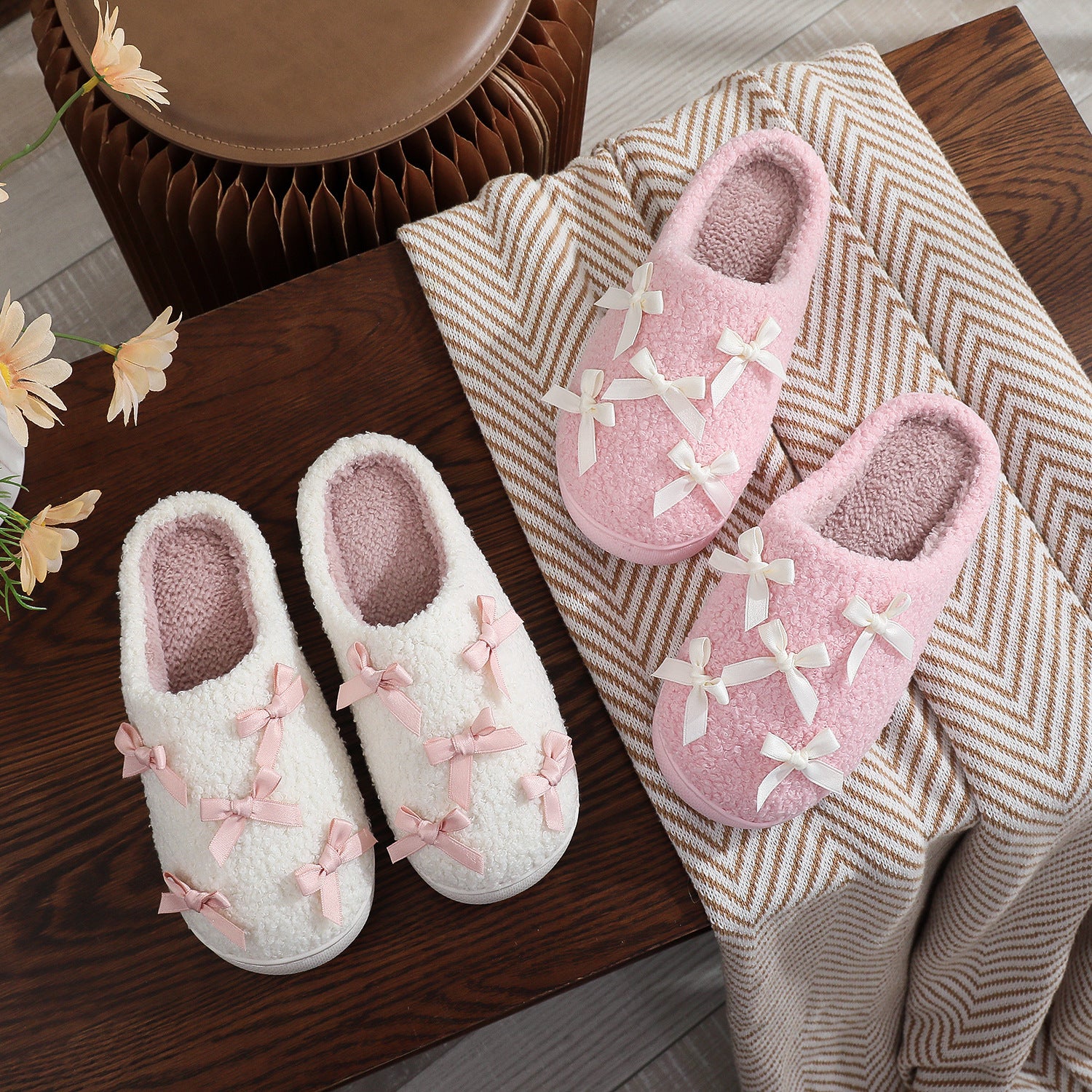 Korean Style Bow Cotton Slippers Women's Cute Warm