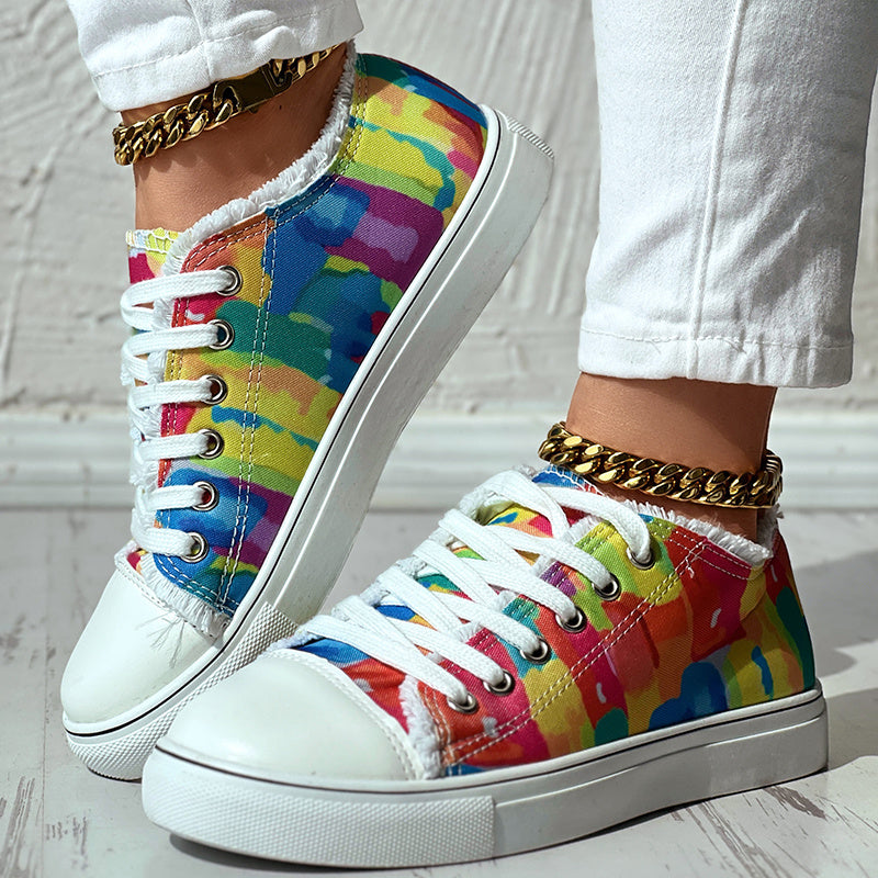 Melt Color Printed Tassel Hem Canvas Sneakers - Anklet Not Included