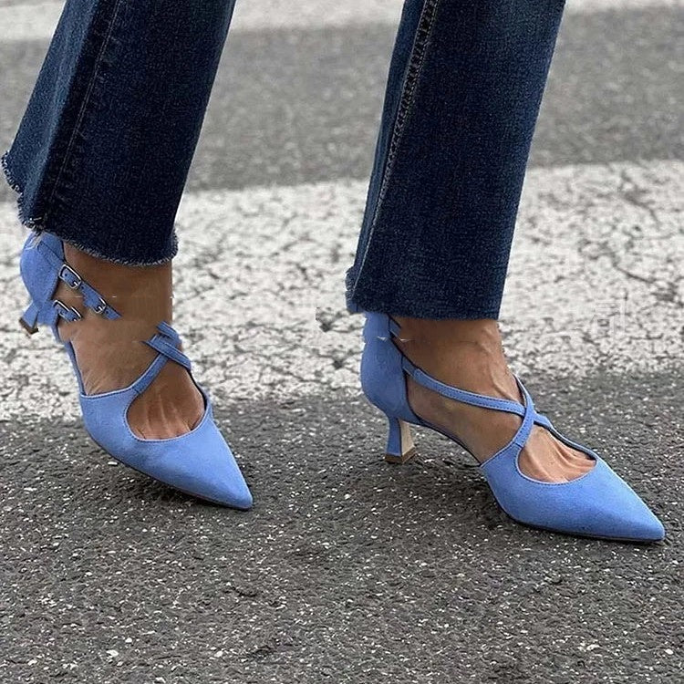 Plus Size Pointed Toe Suede Cross Buckle Strap Hollowed Sandals