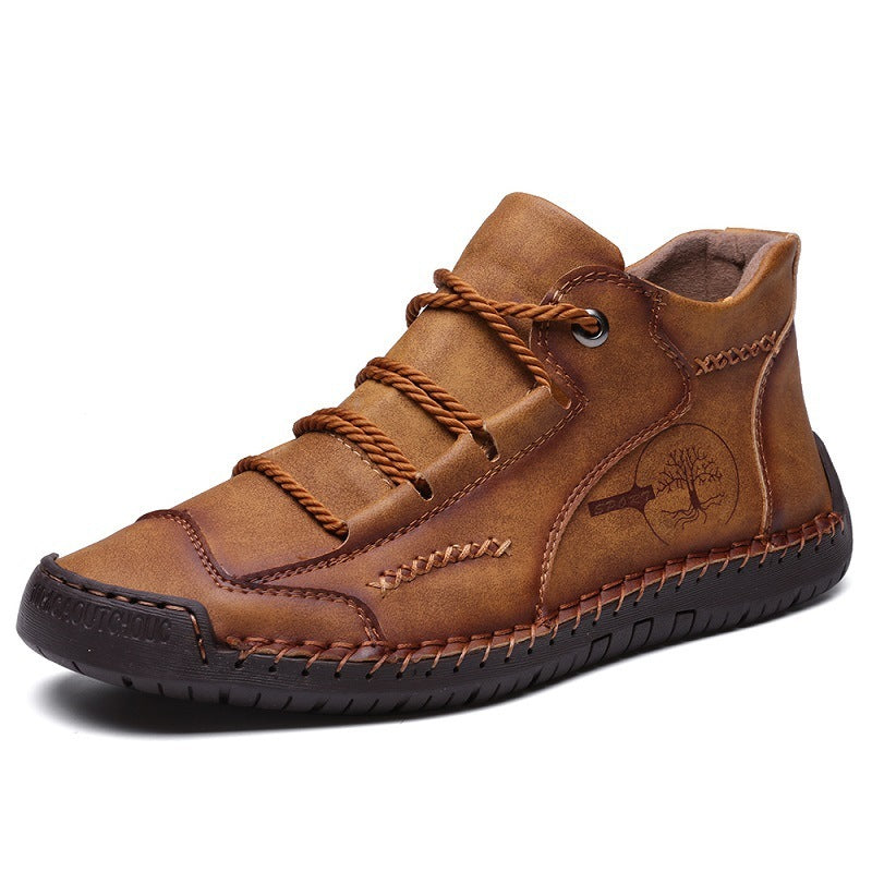 Men's Autumn Sewing High-top Leather Flat Outdoor Work Clothes Casual Shoes
