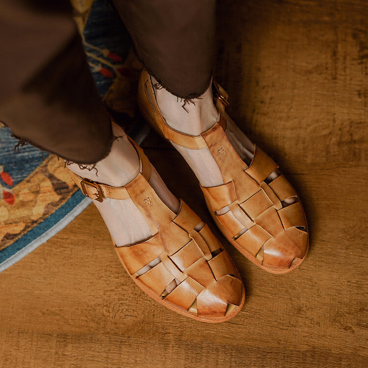 Summer Low Heel Pig Cage Shoes Chunky Heel Retro Roman Sandals For Women