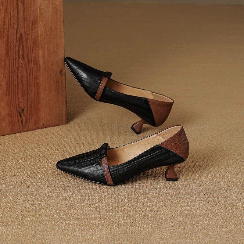 Women's Black Chunky Heel Shoes Low-cut Leather Shoes