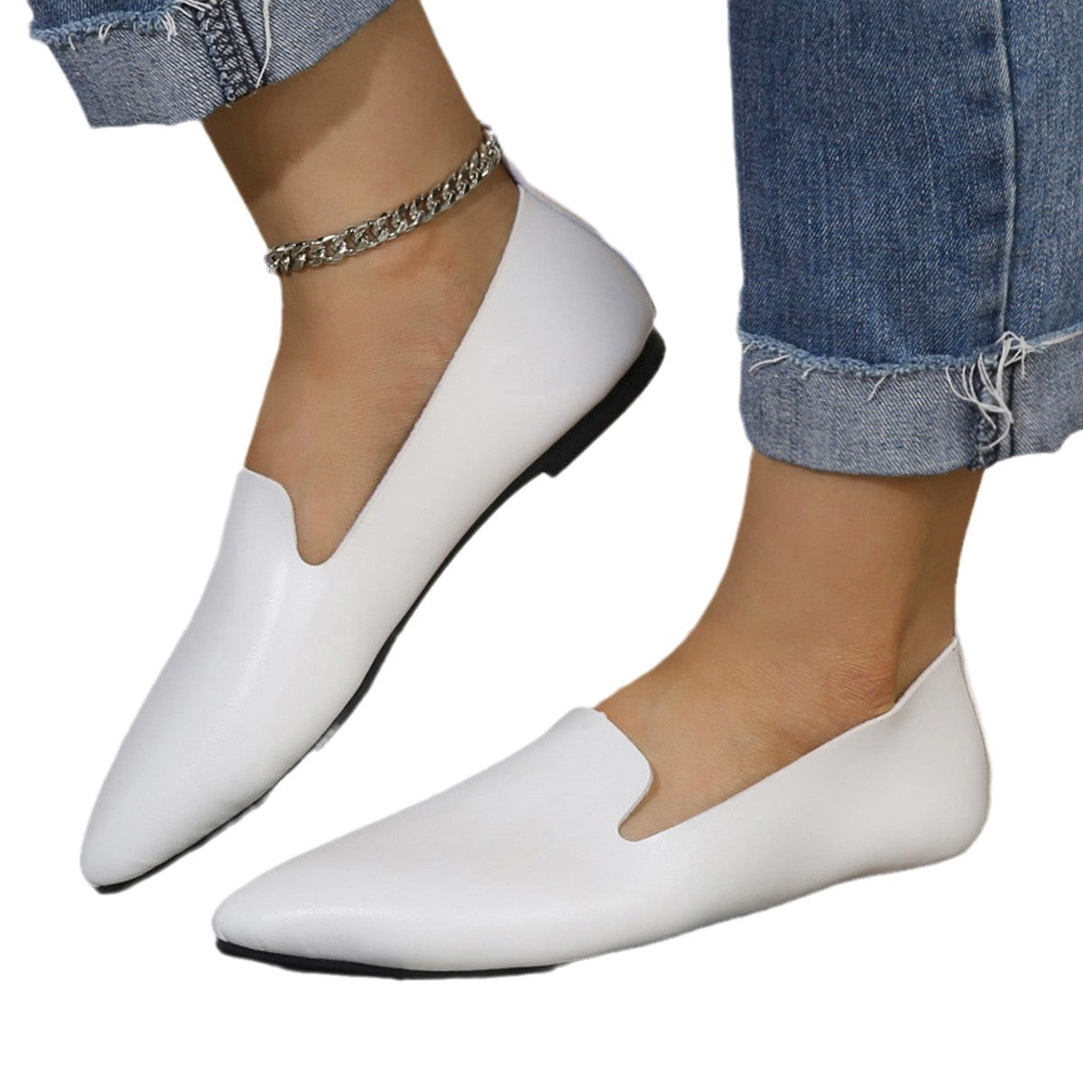 Leather Flat Bottom Pumps Female Low-cut Plus Size