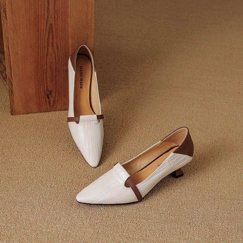 Women's Black Chunky Heel Shoes Low-cut Leather Shoes