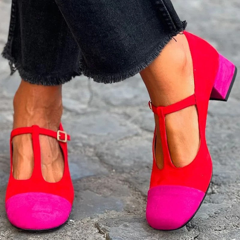 Comfortable Mid Heel Matching T-shaped Buckle With Square Toe Mary Jane Pumps