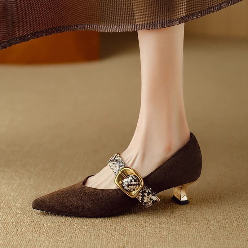 French Pointed High Heels Women's Stiletto Low-cut Shoes Elegant Buckle Regen Shoes