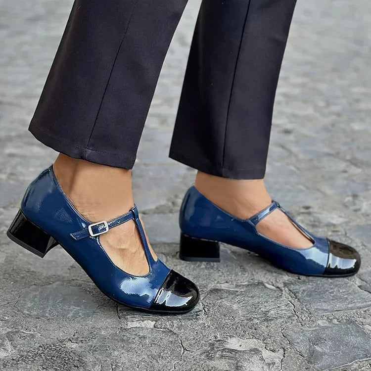 Comfortable Mid Heel Matching T-shaped Buckle With Square Toe Mary Jane Pumps