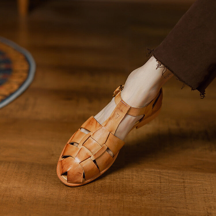 Summer Low Heel Pig Cage Shoes Chunky Heel Retro Roman Sandals For Women