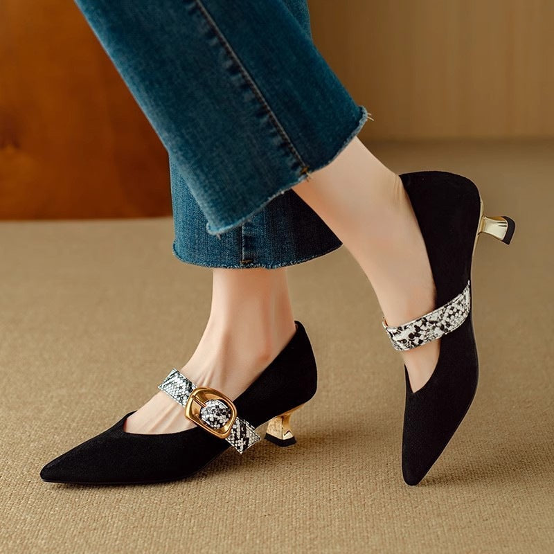 French Pointed High Heels Women's Stiletto Low-cut Shoes Elegant Buckle Regen Shoes