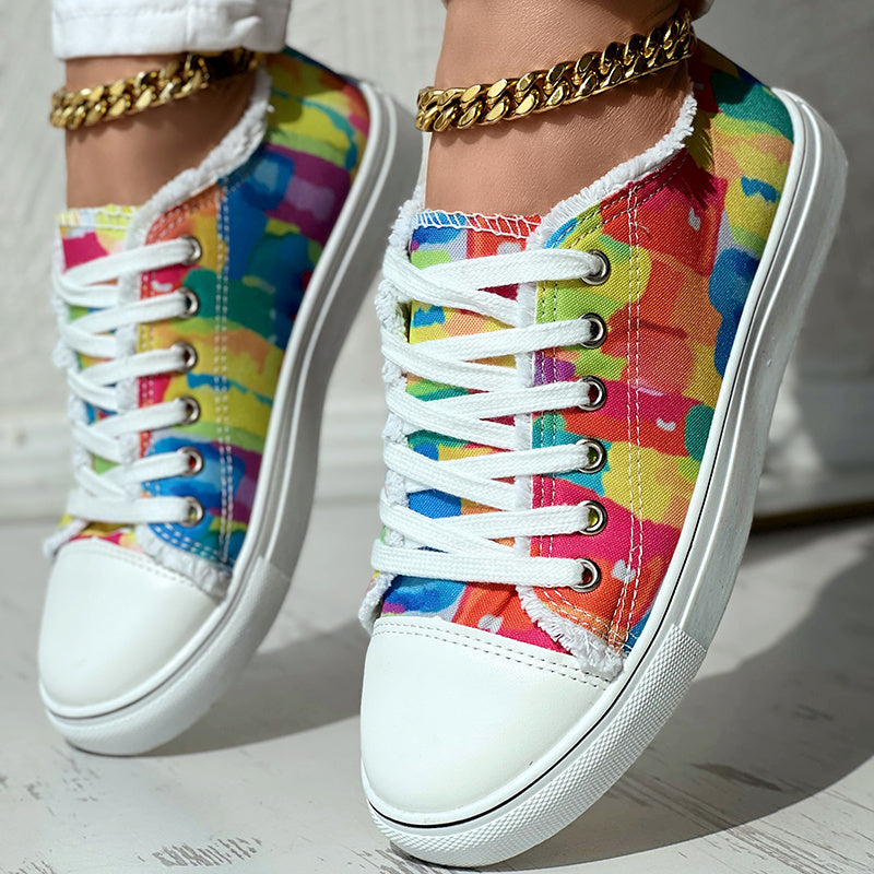 Melt Color Printed Tassel Hem Canvas Sneakers - Anklet Not Included