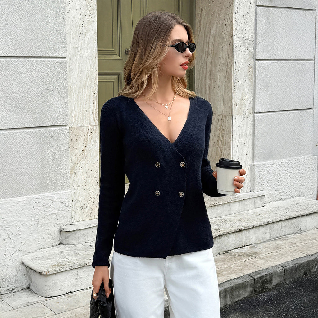 Deep V-neck Button Long Sleeve Jacket Sweater Women's Wear