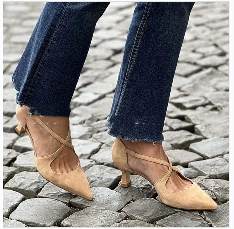 Plus Size Pointed Toe Suede Cross Buckle Strap Hollowed Sandals