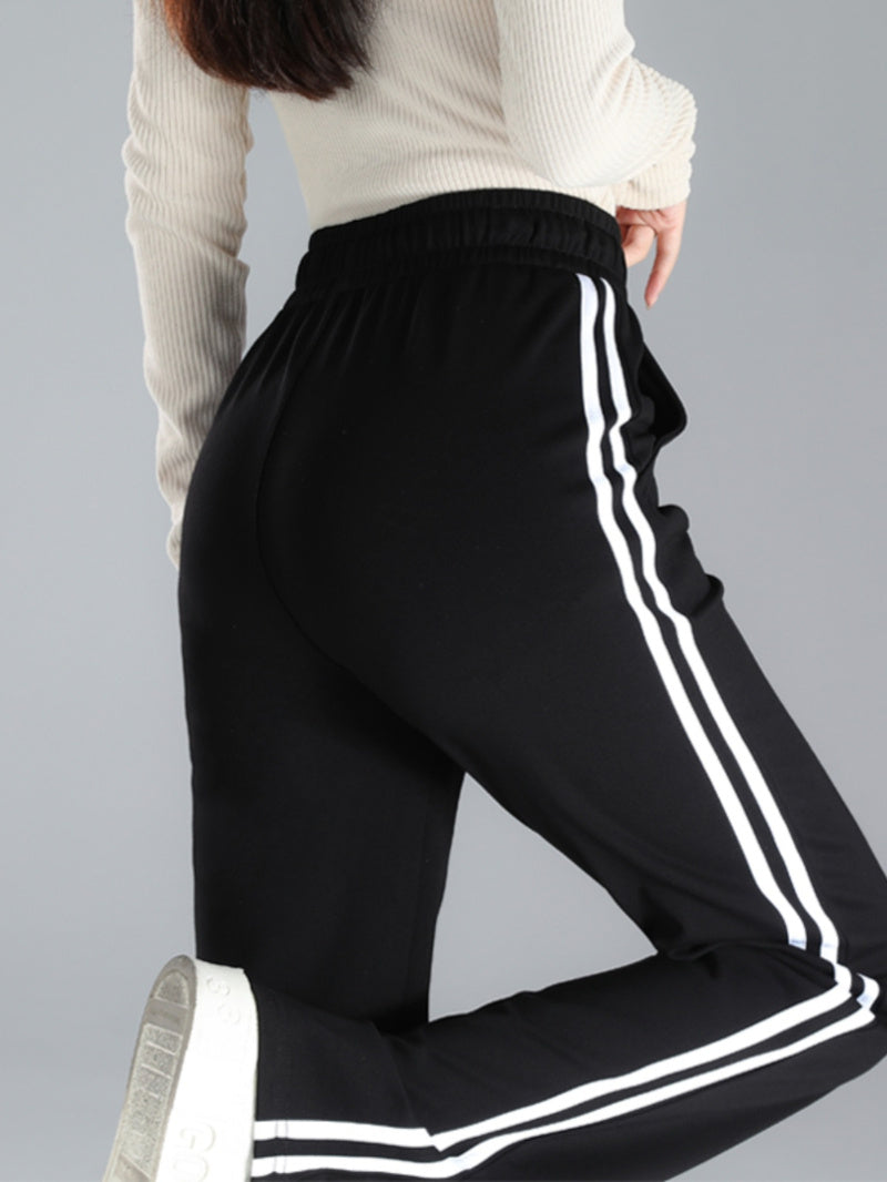 Straight-leg Sweatpants, Black And White Striped, Double-stripe, High-waisted, Wide-leg Drape Pants