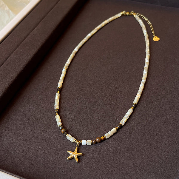 Titanium Steel Starfish Pendant Necklace Natural Shell Tigereye