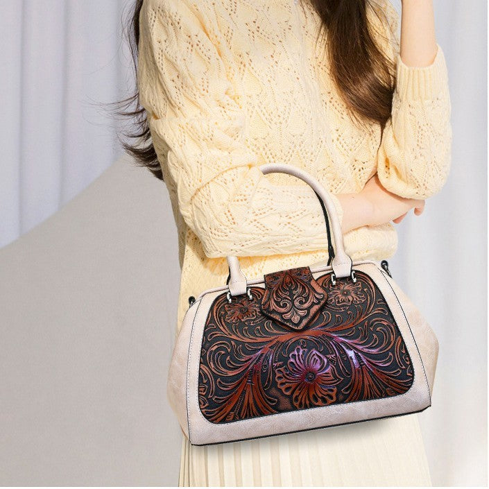 Handmade Carved One-shoulder Women's Leather Bag