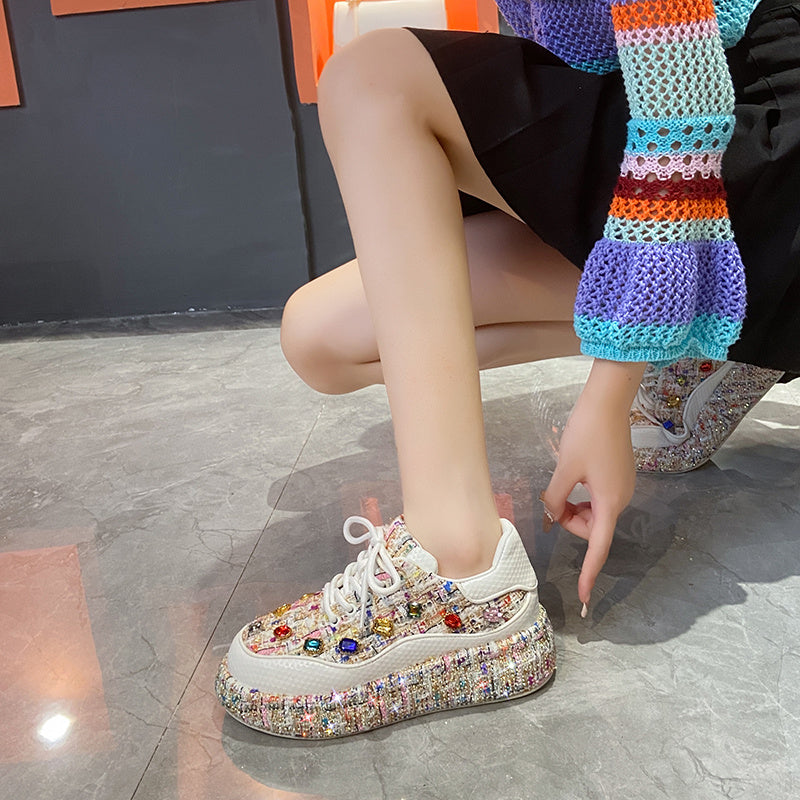 Women's Fashion Platform Loafers, Colorful Tweed Slip-on Shoes With Gemstones, Casual And Comfortable Flat Shoes