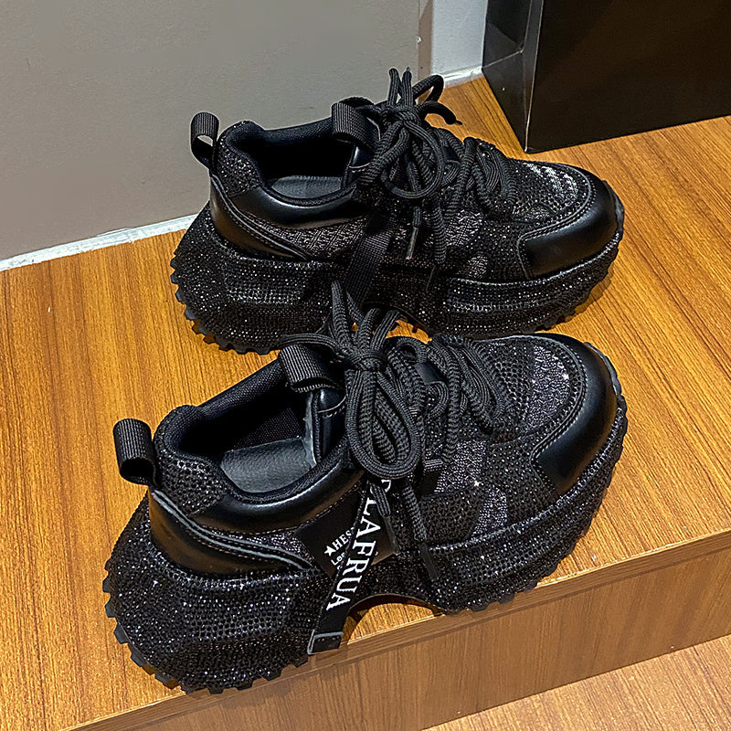 Shiny Sequin Women's High-top Sneakers With Thick Soles, Lace-up Fashion Shoes Featuring Silver And Red Rhinestone Design