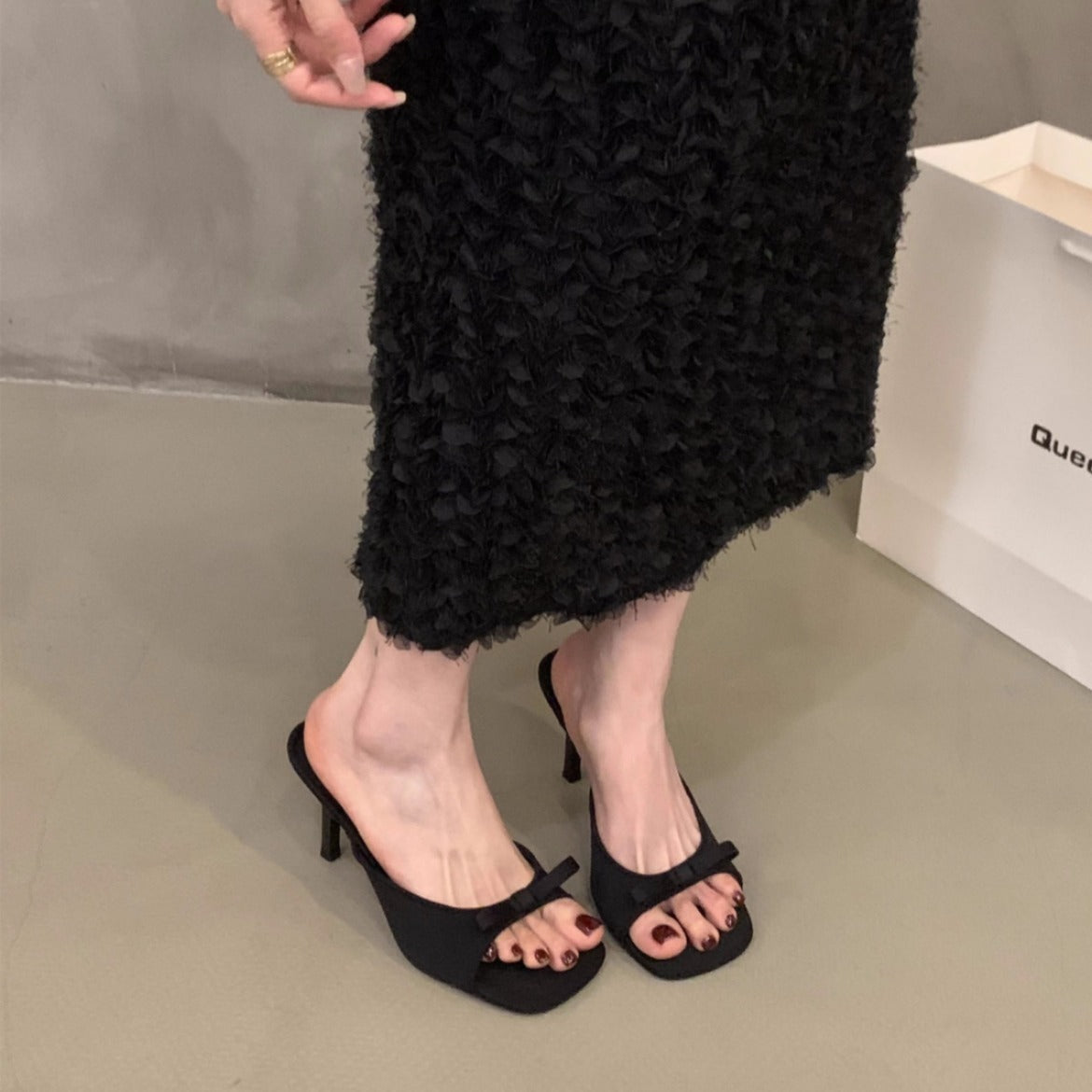 Square Head Fairy Bow High Heel Slippers Ankle-strap Stilettos