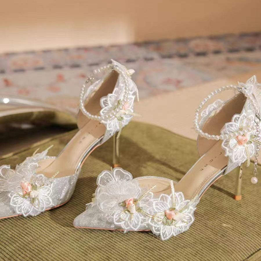 New Pointed Lace Flower Pearl Bow Tie Shoes