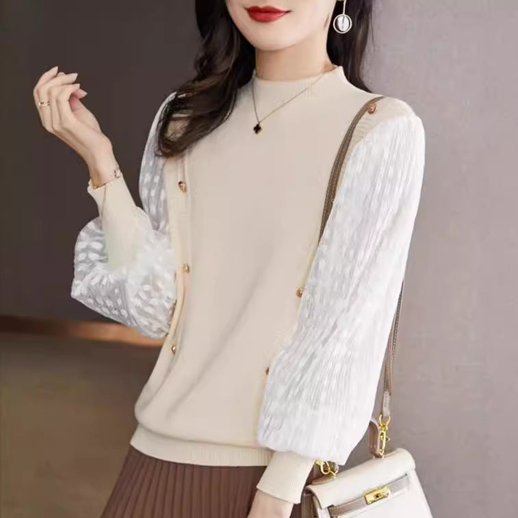 Women's Semi-High Neck Base Sweater Short Lantern Sleeve Top