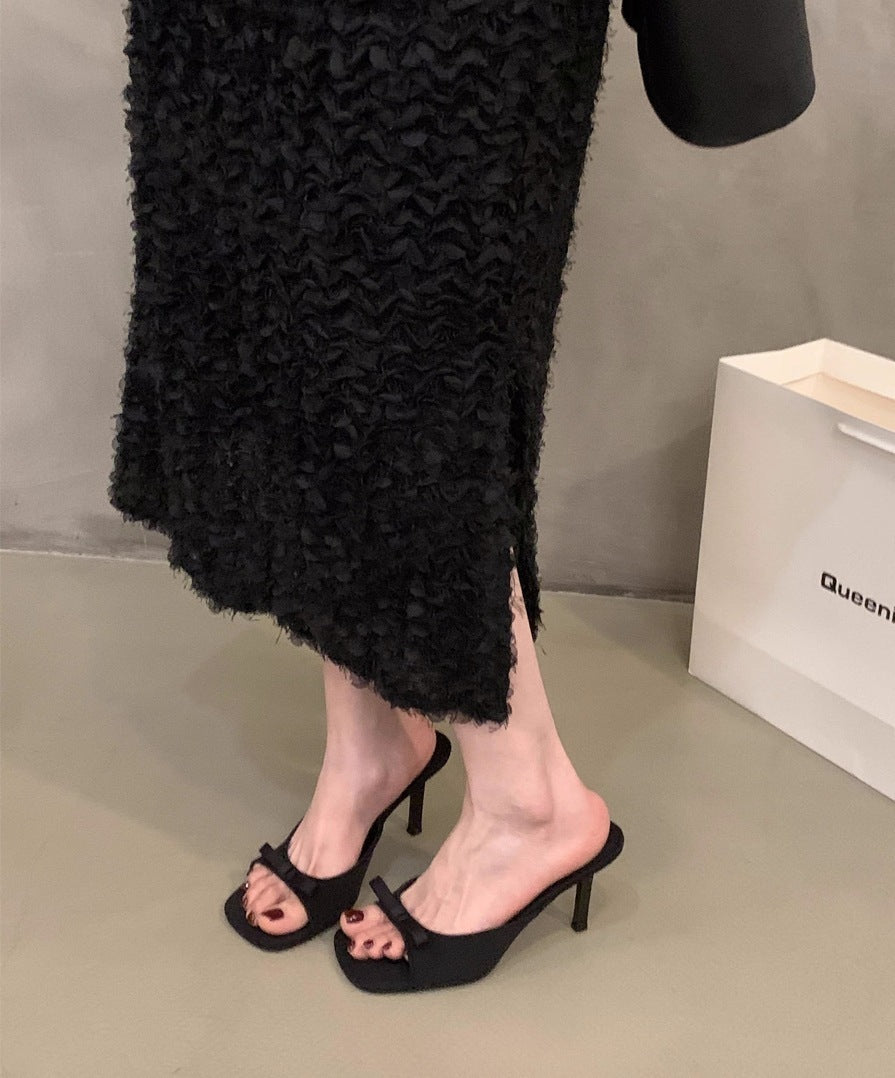 Square Head Fairy Bow High Heel Slippers Ankle-strap Stilettos