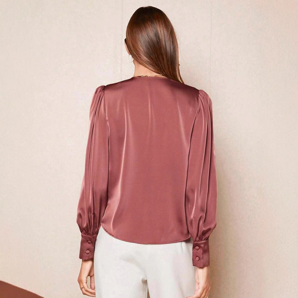 Women's New Casual Satin Button V-neck Long Sleeve Top