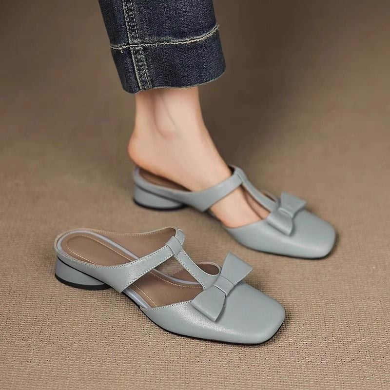 French Style Bow Closed Toe Half Slippers For Women
