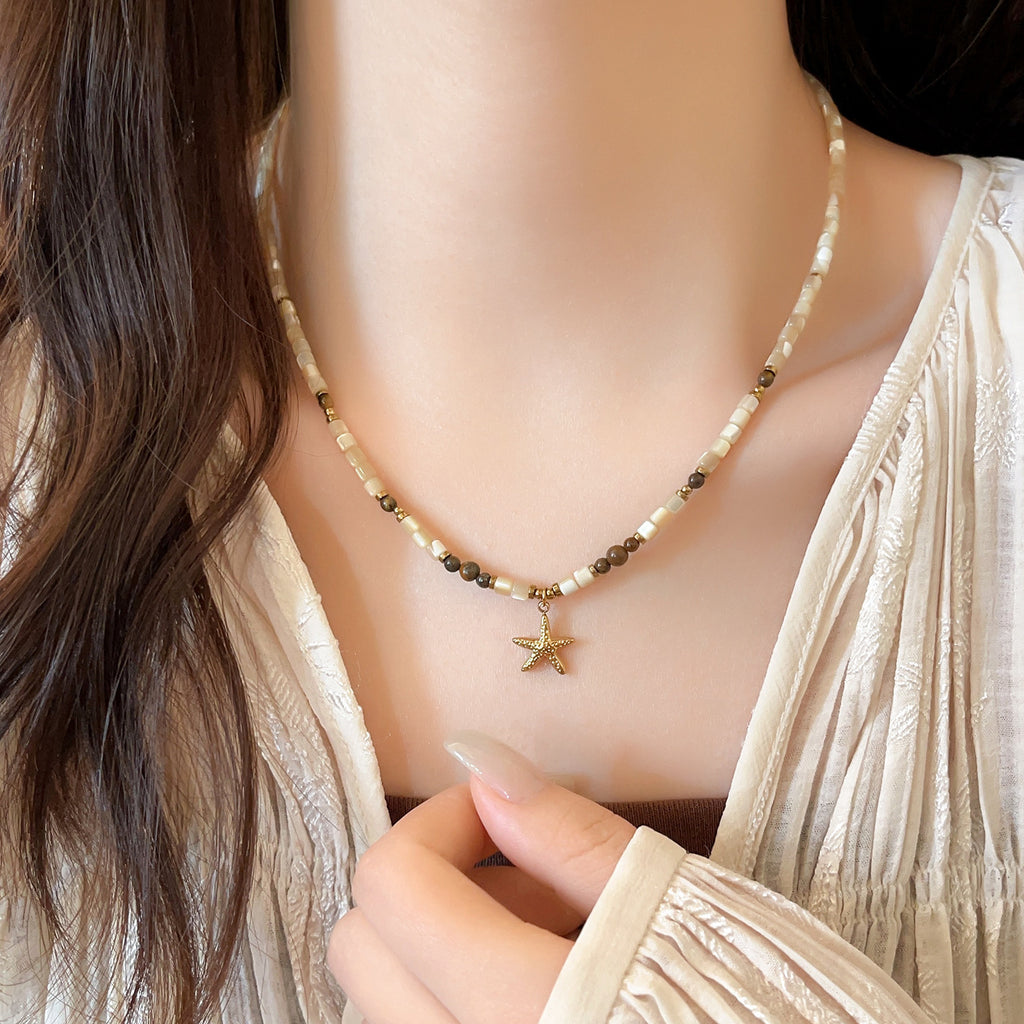 Titanium Steel Starfish Pendant Necklace Natural Shell Tigereye