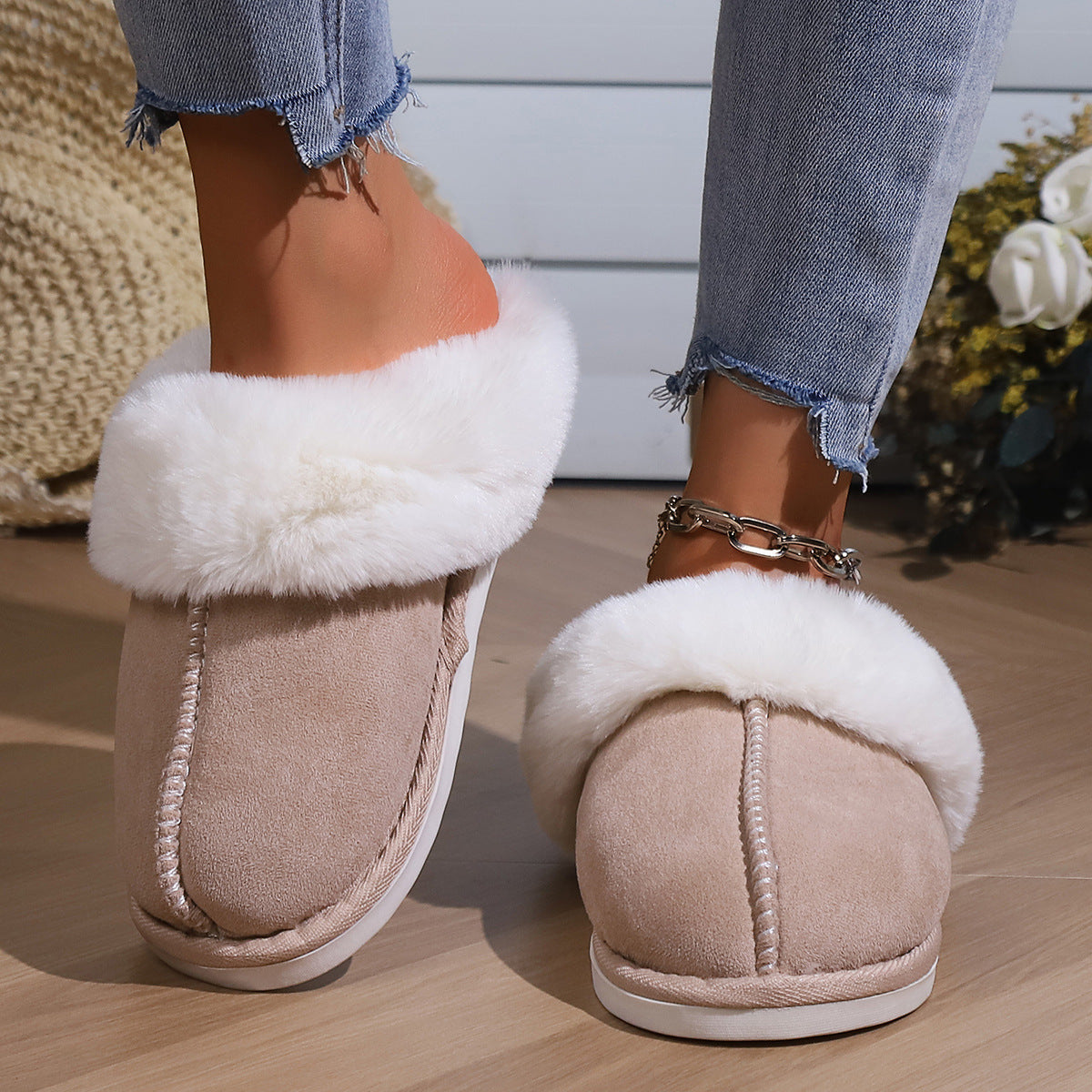 Cotton Slippers Autumn And Winter Fleece-lined Home Fur Toe Cap