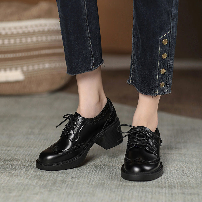 Women's Autumn New Carved Lace-up Round Head British Black Chunky Heel Shoes