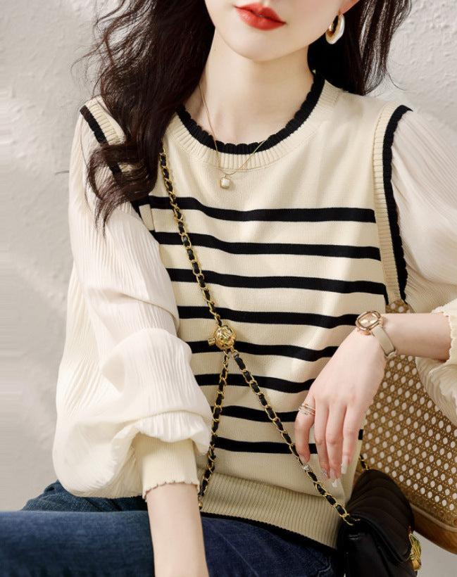Patchwork Lace Collar Knitted Striped Lantern Sleeve Top