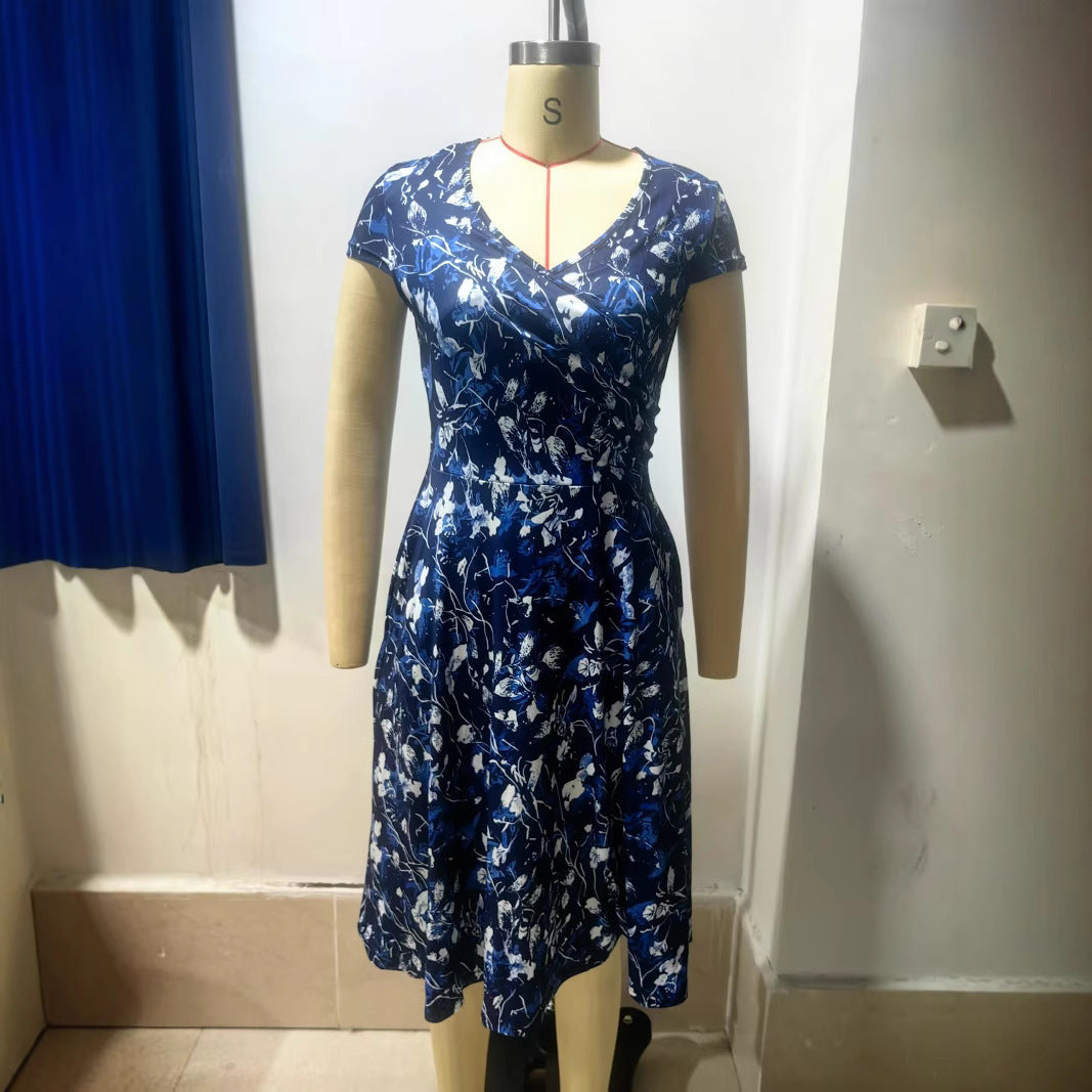 Round Neck Printed Temperament Short Sleeve Dress For Women