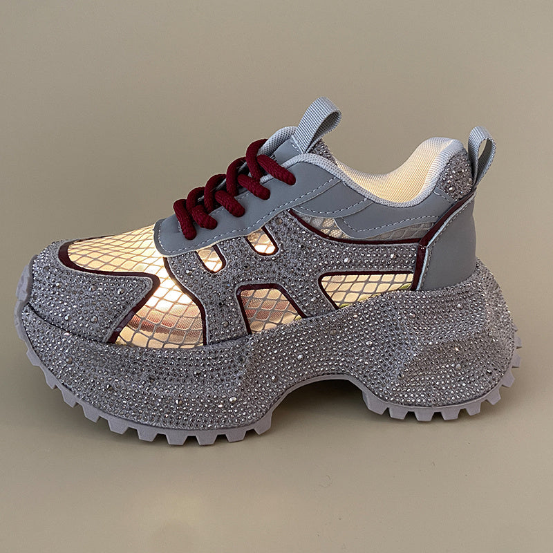 TIANXIU Women's Chunky Platform Sneakers, Light Yellow Glitter Rhinestone Accent Fashion Shoes With Green Trim And Thick White Sole