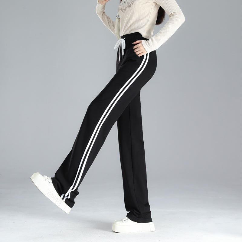 Straight-leg Sweatpants, Black And White Striped, Double-stripe, High-waisted, Wide-leg Drape Pants