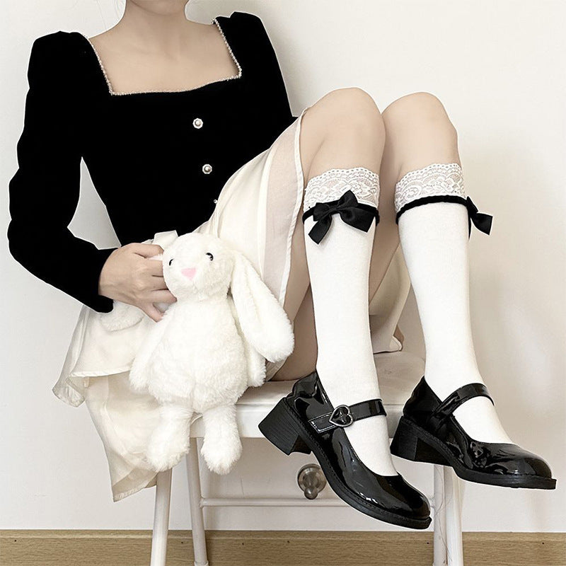 College Style Lace Black Bow Calf Socks