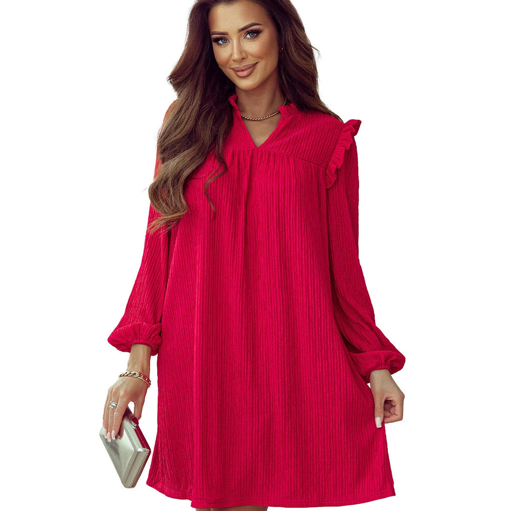 European And American Fashion Ruffled V-neck Long Sleeve Dress For Women