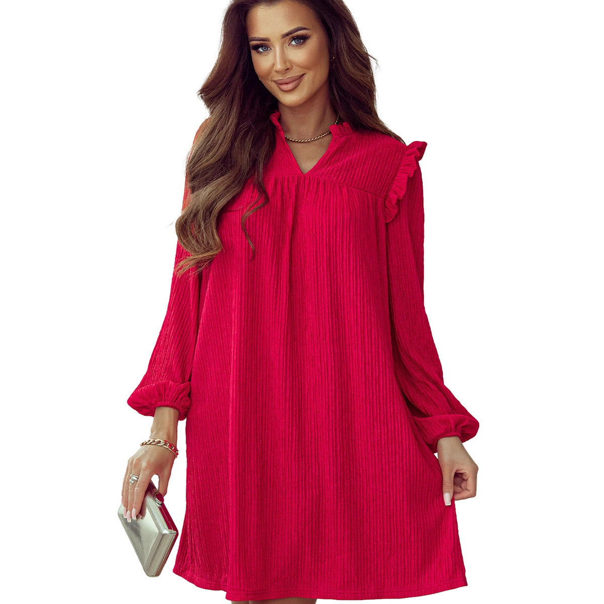 European And American Fashion Ruffled V-neck Long Sleeve Dress For Women