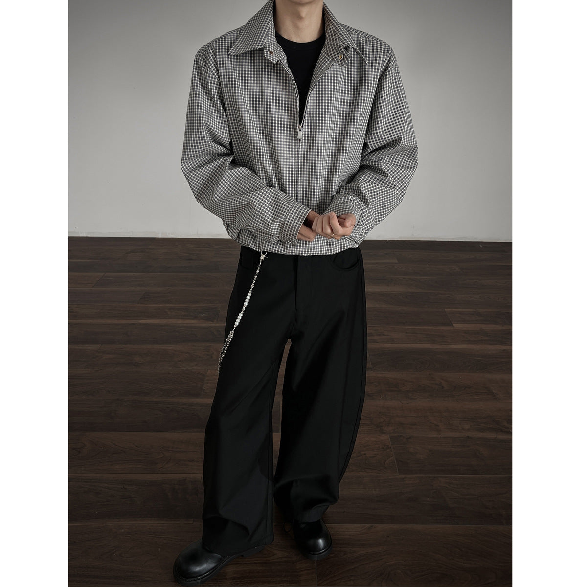 Korean Style Simple Retro Plaid Short Jacket With Double Zipper